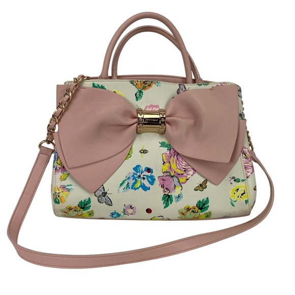 Betsey Johnson Floral Satchel Pink‎ Bow Accent Crossbody Shoulder Bag Purse - Picture 1 of 16